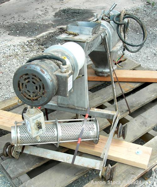 Used Azo Cyclone Screener, 304 Stainless Steel. Approximate 4" diameter x 18" long screen chamber, (3) helical blades. Driven by a 1 HP, 3/60/208-230/460 Volt, 1140 RPM motor. Side access door, 6" x ...