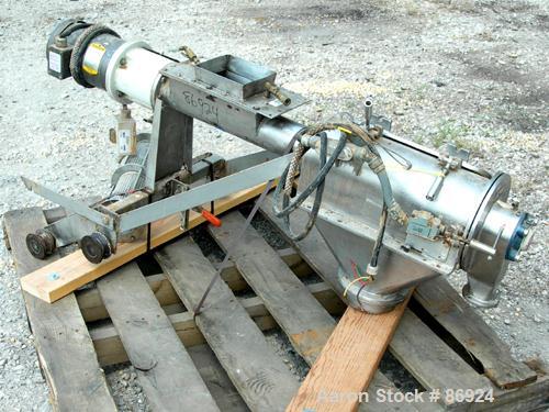 Used Azo Cyclone Screener, 304 Stainless Steel. Approximate 4" diameter x 18" long screen chamber, (3) helical blades. Driven by a 1 HP, 3/60/208-230/460 Volt, 1140 RPM motor. Side access door, 6" x ...