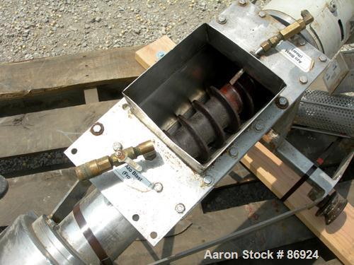 Used Azo Cyclone Screener, 304 Stainless Steel. Approximate 4" diameter x 18" long screen chamber, (3) helical blades. Driven by a 1 HP, 3/60/208-230/460 Volt, 1140 RPM motor. Side access door, 6" x ...