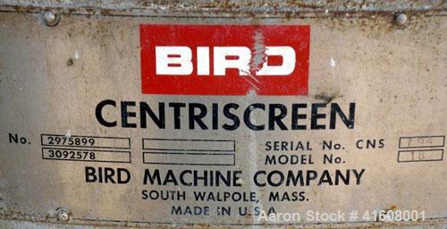 Used Bird Centriscreen, model 18, 316 stainless steel. Approximately 75 hp motor, belt driven