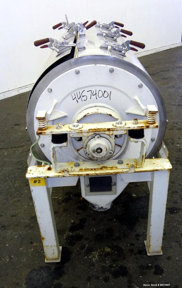 Used Buhler Vibro-Sifter, Model MKVA-56/12K.  Capacity 2000 kg/hr depending on product.  Approximately 22” diameter x 48” long 316 stainless steel vibrating sieve cage, no sieve.  (1) Carbon steel sh...