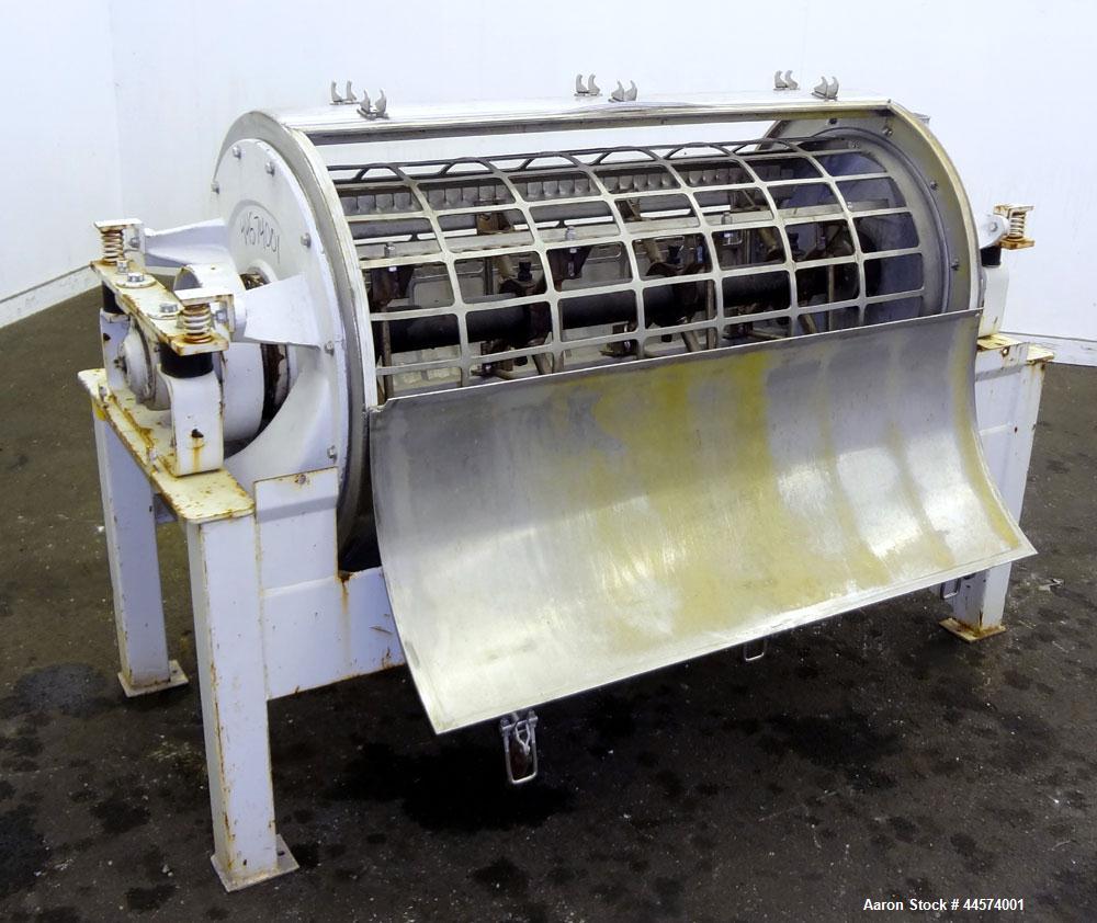 Used Buhler Vibro-Sifter, Model MKVA-56/12K.  Capacity 2000 kg/hr depending on product.  Approximately 22” diameter x 48” long 316 stainless steel vibrating sieve cage, no sieve.  (1) Carbon steel sh...