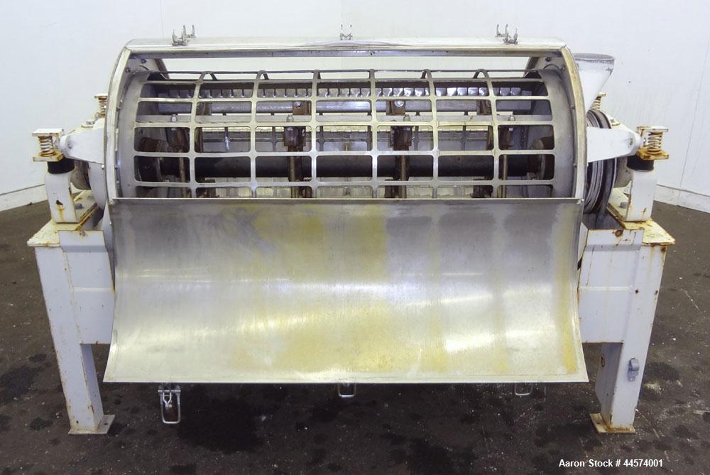 Used Buhler Vibro-Sifter, Model MKVA-56/12K.  Capacity 2000 kg/hr depending on product.  Approximately 22” diameter x 48” long 316 stainless steel vibrating sieve cage, no sieve.  (1) Carbon steel sh...