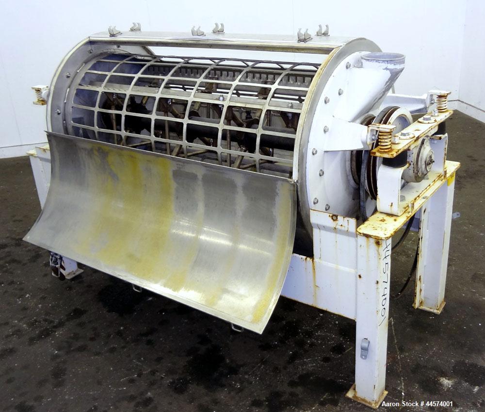 Used Buhler Vibro-Sifter, Model MKVA-56/12K.  Capacity 2000 kg/hr depending on product.  Approximately 22” diameter x 48” long 316 stainless steel vibrating sieve cage, no sieve.  (1) Carbon steel sh...