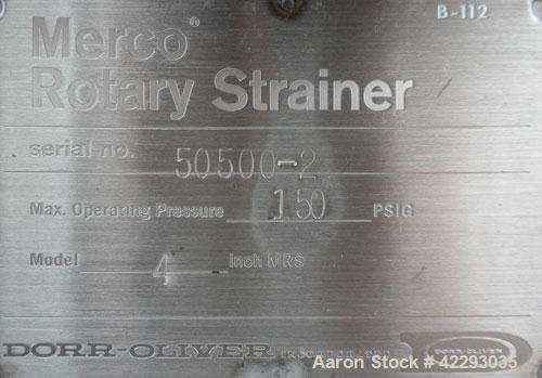 Used Dorr-Oliver Merco Rotary Strainer, Model 4’’ MRS, 316 Stainless Steel. Approximate 400 square inch screen area, 600 gallons per minute of water at 5 psi capacity. 4’’ inlet and outlet, approxima...