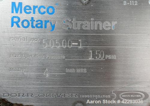 Used Dorr-Oliver Merco Rotary Strainer, model 4’’ MRS, 316 Stainless Steel. Approximate 400 square inch screen area, 600 gallons per minute of water at 5 psi capacity. 4’’ inlet and outlet, approxima...