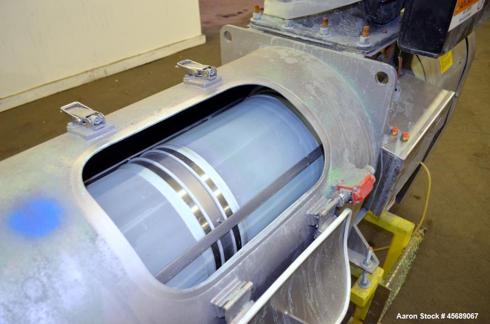 Used Kek-Gardner Centrifugal Sifter, Model K800C, 304 Stainless Steel. Approximate 10" Diameter x 32" long screening chamber with helical rotor. Side and end access doors. 10" Bottom fines outlet, 8"...