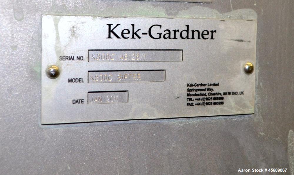 Used Kek-Gardner Centrifugal Sifter, Model K800C, 304 Stainless Steel. Approximate 10" Diameter x 32" long screening chamber with helical rotor. Side and end access doors. 10" Bottom fines outlet, 8"...