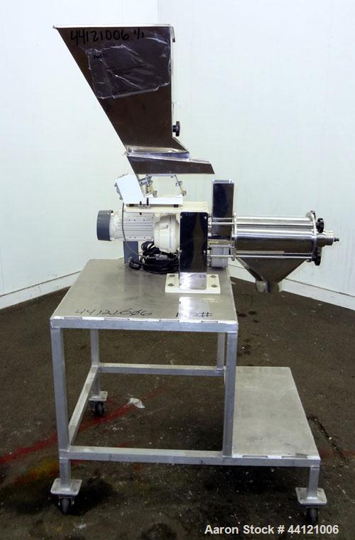 Used KEK Laboratory Centrifugal Rotary Sifter, Stainless Steel. Approximate 2-1/2” diameter x 7” long sifting area with screen, 3 bar rotor, feed screw. Top mounted hopper with a Podmores vibratory h...