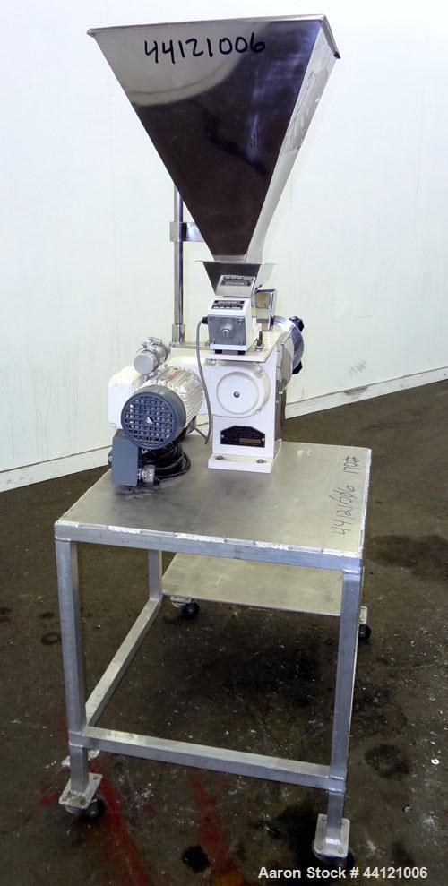 Used KEK Laboratory Centrifugal Rotary Sifter, Stainless Steel. Approximate 2-1/2” diameter x 7” long sifting area with screen, 3 bar rotor, feed screw. Top mounted hopper with a Podmores vibratory h...