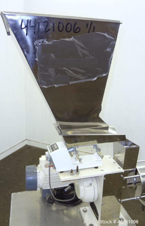 Used KEK Laboratory Centrifugal Rotary Sifter, Stainless Steel. Approximate 2-1/2” diameter x 7” long sifting area with screen, 3 bar rotor, feed screw. Top mounted hopper with a Podmores vibratory h...