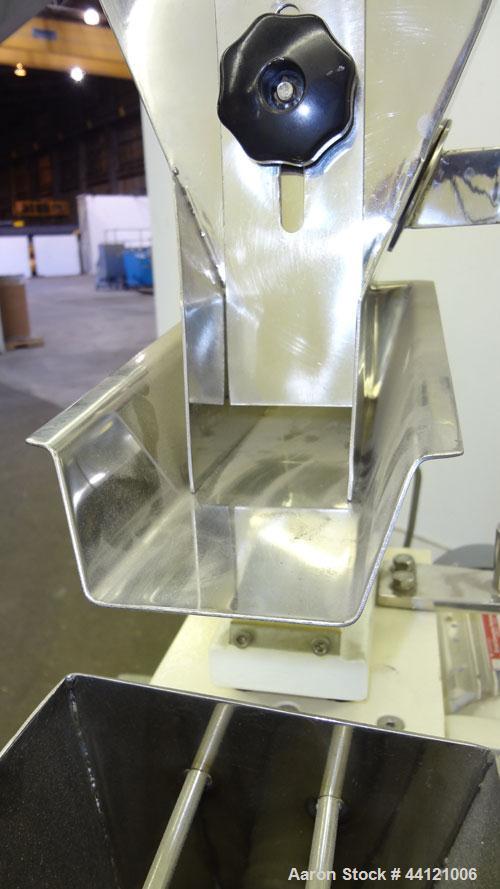 Used KEK Laboratory Centrifugal Rotary Sifter, Stainless Steel. Approximate 2-1/2” diameter x 7” long sifting area with screen, 3 bar rotor, feed screw. Top mounted hopper with a Podmores vibratory h...