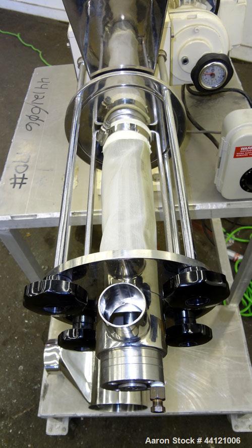 Used KEK Laboratory Centrifugal Rotary Sifter, Stainless Steel. Approximate 2-1/2” diameter x 7” long sifting area with screen, 3 bar rotor, feed screw. Top mounted hopper with a Podmores vibratory h...
