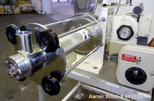 Used KEK Laboratory Centrifugal Rotary Sifter, Stainless Steel. Approximate 2-1/2” diameter x 7” long sifting area with screen, 3 bar rotor, feed screw. Top mounted hopper with a Podmores vibratory h...