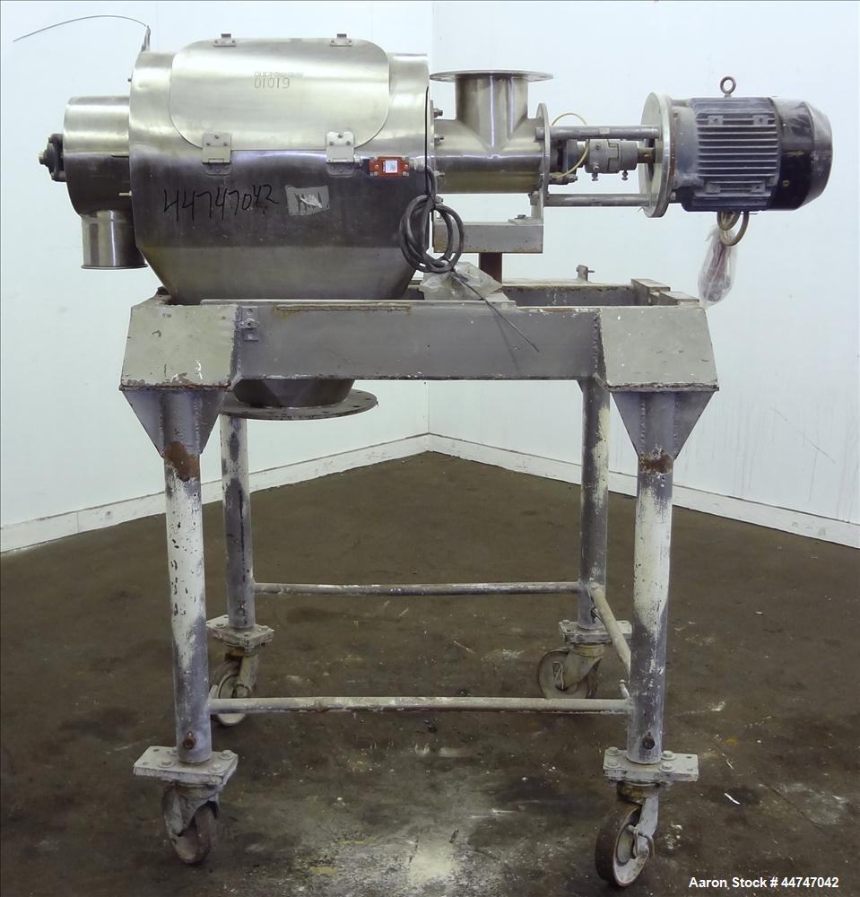 Used KEK Gardner Centrifugal Rotary Sifter, 304 Stainless Steel. Approximate 10" diameter x 21" long sifting area, missing screen, (4) helical blades. Side access door, 6-1/2" top feed, horizontal fe...