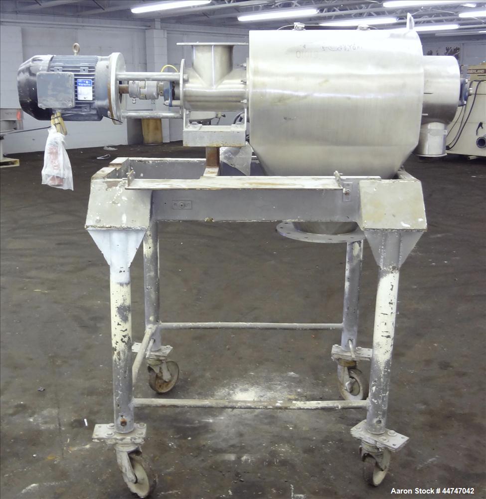 Used KEK Gardner Centrifugal Rotary Sifter, 304 Stainless Steel. Approximate 10" diameter x 21" long sifting area, missing screen, (4) helical blades. Side access door, 6-1/2" top feed, horizontal fe...