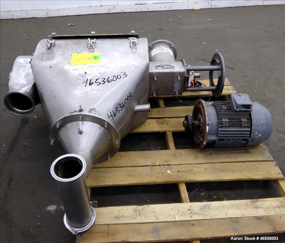 Used Kason Centri-Sifter, 304 Stainless Steel. Approximate 10" diameter x 22" long screen with (4) helical blades. Approximate 8" diameter x 10" long screw feed. Driven by an approximate 5hp motor. S...