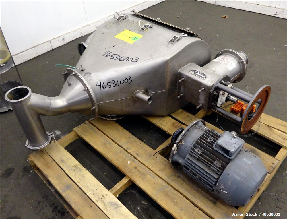 Used Kason Centri-Sifter, 304 Stainless Steel. Approximate 10" diameter x 22" long screen with (4) helical blades. Approximate 8" diameter x 10" long screw feed. Driven by an approximate 5hp motor. S...