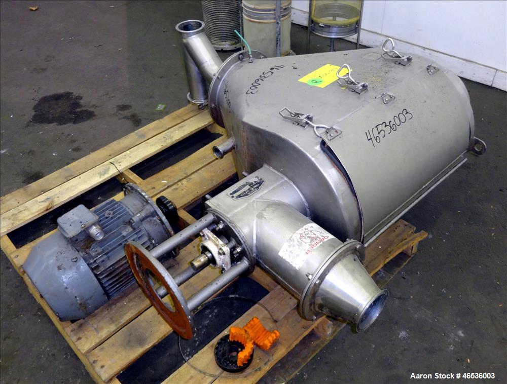 Used Kason Centri-Sifter, 304 Stainless Steel. Approximate 10" diameter x 22" long screen with (4) helical blades. Approximate 8" diameter x 10" long screw feed. Driven by an approximate 5hp motor. S...