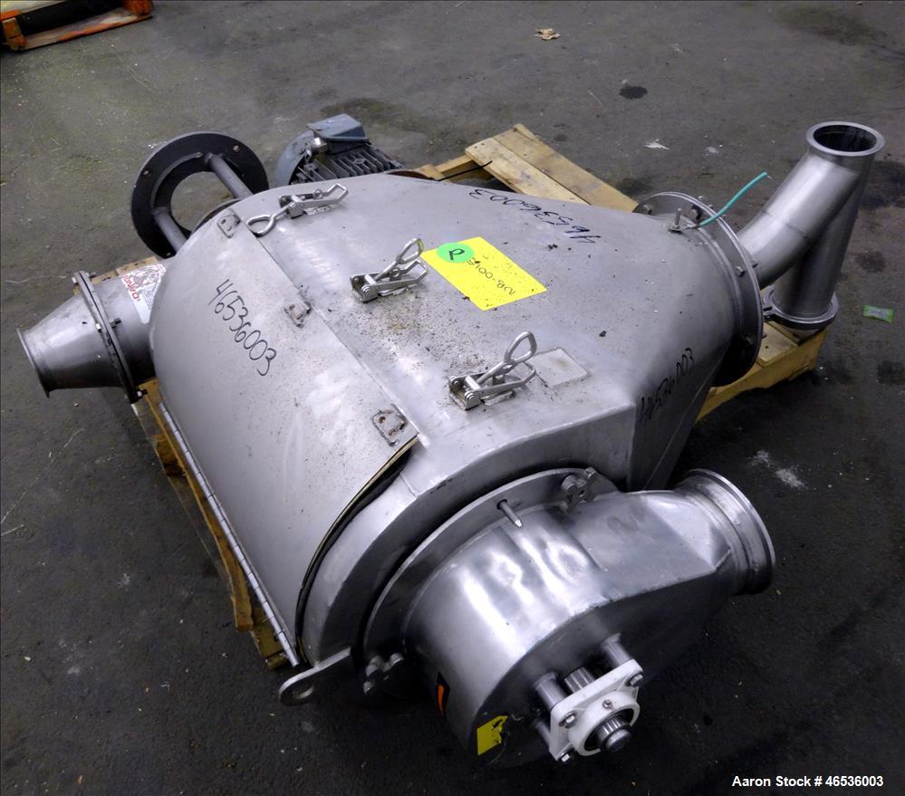 Used Kason Centri-Sifter, 304 Stainless Steel. Approximate 10" diameter x 22" long screen with (4) helical blades. Approximate 8" diameter x 10" long screw feed. Driven by an approximate 5hp motor. S...