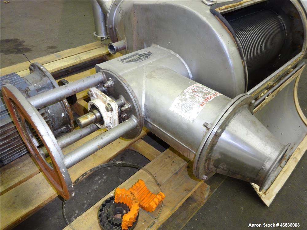 Used Kason Centri-Sifter, 304 Stainless Steel. Approximate 10" diameter x 22" long screen with (4) helical blades. Approximate 8" diameter x 10" long screw feed. Driven by an approximate 5hp motor. S...