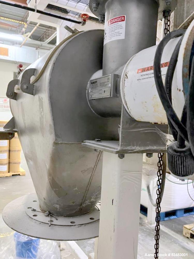 Used Kason Centri-Sifter / Screener, Model MO-SS, Stainless Steel. Approximately 10" diameter x 24" long (4) blade rotor. 6" top opening with screw infeed. Driven by a 3 hp, 3/60/230/460 volt, 870 rp...