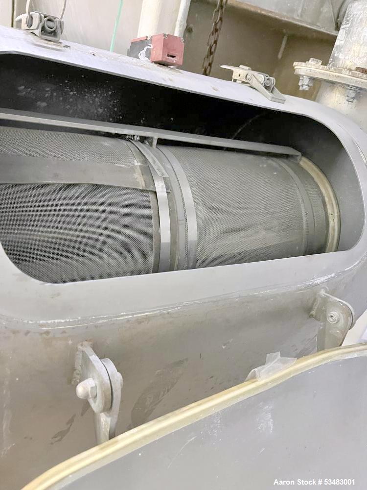 Used Kason Centri-Sifter / Screener, Model MO-SS, Stainless Steel. Approximately 10" diameter x 24" long (4) blade rotor. 6" top opening with screw infeed. Driven by a 3 hp, 3/60/230/460 volt, 870 rp...