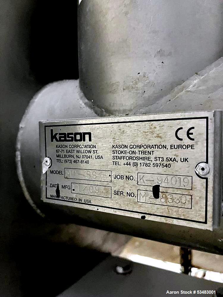 Used Kason Centri-Sifter / Screener, Model MO-SS, Stainless Steel. Approximately 10" diameter x 24" long (4) blade rotor. 6" top opening with screw infeed. Driven by a 3 hp, 3/60/230/460 volt, 870 rp...