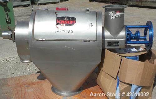 Used Kason Centri-Sifter, 304 Stainless Steel. Approximate 10" diameter x 22" long rotor with (4) helical blades with brushes, missing screen housing. Approximate 6" diameter screw feed. Driven by a ...