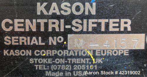 Used Kason Centri-Sifter, 304 Stainless Steel. Approximate 10" diameter x 22" long rotor with (4) helical blades with brushes, missing screen housing. Approximate 6" diameter screw feed. Driven by a ...