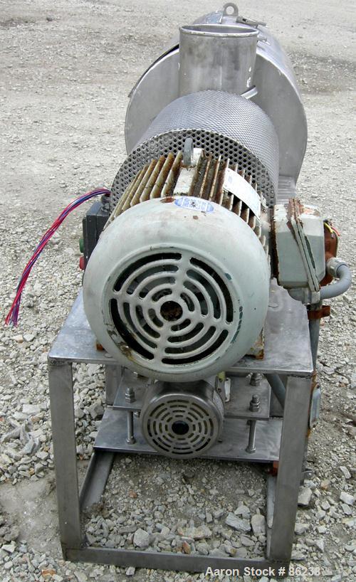 Used Kason Centri-Sifter, 304 Stainless Steel. Approximate 12" diameter x 24" long screen section, (4) helical blades. Approxiamte 6" diameter x 8" long screw feed, driven by a 1.5 HP, 180 Volt DC mo...