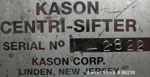 Used Kason Centri-Sifter, 304 Stainless Steel. Approximate 12" diameter x 24" long screen section, (4) helical blades. Approxiamte 6" diameter x 8" long screw feed, driven by a 1.5 HP, 180 Volt DC mo...