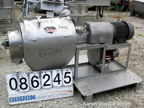 Used Kason Centri-Sifter, 316 Stainless Steel. Approximate 12" diameter x 24" long screen section, (4) helical blades. Approximate 6" diameter x 8" long screw feed, driven by a 1.5 HP, 180 Volt DC mo...