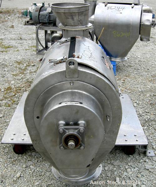 Used Kason Centri-Sifter, 316 Stainless Steel. Approximate 12" diameter x 24" long screen section, (4) helical blades. Approximate 6" diameter x 8" long screw feed, driven by a 1.5 HP, 180 Volt DC mo...