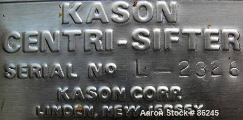 Used Kason Centri-Sifter, 316 Stainless Steel. Approximate 12" diameter x 24" long screen section, (4) helical blades. Approximate 6" diameter x 8" long screw feed, driven by a 1.5 HP, 180 Volt DC mo...