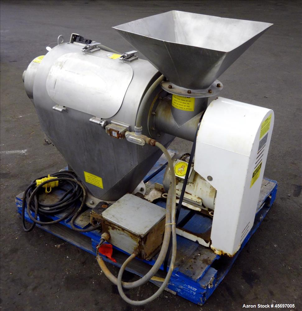 Used Kemutec (KEK) Centrifugal Sifter Model K-650. Approximate 12" Diameter x 24" long 316 Stainless Steel Chamber. 6" Diameter x 10" long 304 stainless steel screw, 20" x 20" 304 stainless steel top...