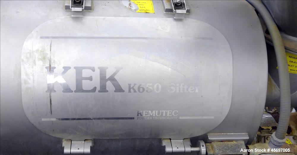 Used Kemutec (KEK) Centrifugal Sifter Model K-650. Approximate 12" Diameter x 24" long 316 Stainless Steel Chamber. 6" Diameter x 10" long 304 stainless steel screw, 20" x 20" 304 stainless steel top...