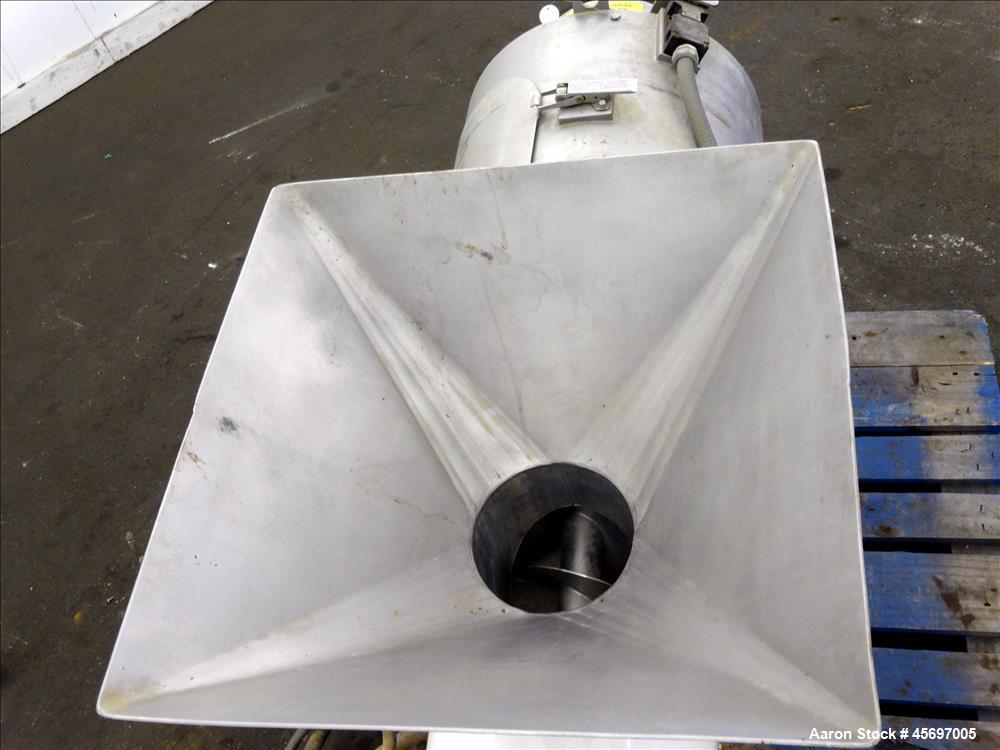 Used Kemutec (KEK) Centrifugal Sifter Model K-650. Approximate 12" Diameter x 24" long 316 Stainless Steel Chamber. 6" Diameter x 10" long 304 stainless steel screw, 20" x 20" 304 stainless steel top...