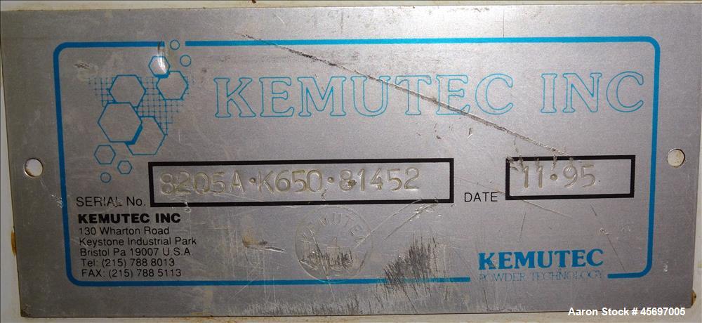 Used Kemutec (KEK) Centrifugal Sifter Model K-650. Approximate 12" Diameter x 24" long 316 Stainless Steel Chamber. 6" Diameter x 10" long 304 stainless steel screw, 20" x 20" 304 stainless steel top...