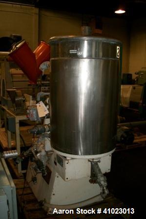 Used Kemutec KEK Centrifugal Sifter Screener. Stainless steel construction, 24" long screen length, 6 1/2" diameter charge port. Cone shaped 4" diameter discharge, 24" discharge height on stand. 3 hp...