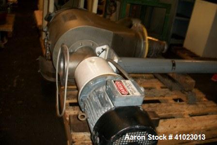 Used Kemutec KEK Centrifugal Sifter Screener. Stainless steel construction, 24" long screen length, 6 1/2" diameter charge port. Cone shaped 4" diameter discharge, 24" discharge height on stand. 3 hp...