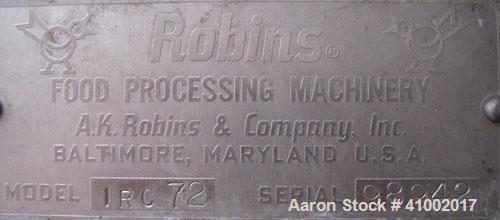Used A.K. Robins & Company Inclined  Rotary Cooler, Model IRC72, 304 stainless steel. Inclined horizontal perforated drum 30" diameter x 120" long, driven by a 3/4 hp, 3/60/208-230/460 volt, 1750 rpm...