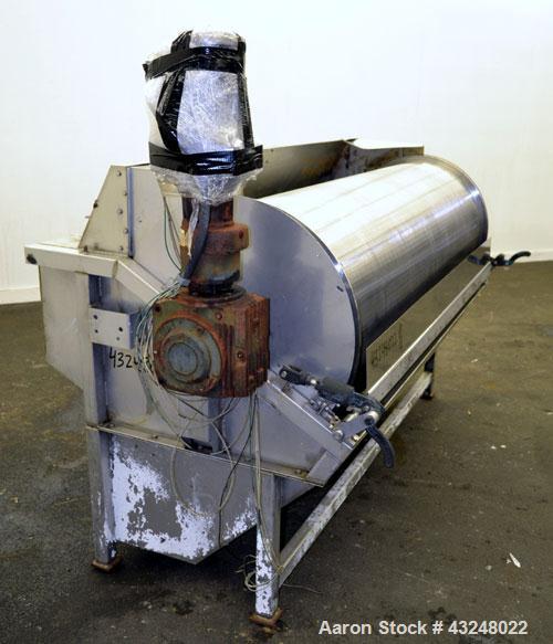 Used Hydrocyclonics Roto Strainer, Model 2572, 304 Stainless Steel. Approximate 25" diameter x 72" wide wedge wire screen. Driven by a .44-.5hp gear motor. Includes a bottom holding tank, and a manua...