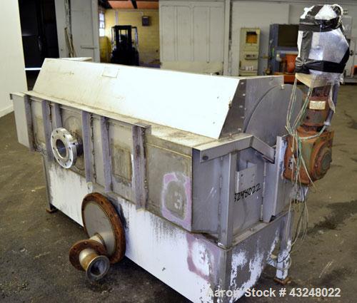 Used Hydrocyclonics Roto Strainer, Model 2572, 304 Stainless Steel. Approximate 25" diameter x 72" wide wedge wire screen. Driven by a .44-.5hp gear motor. Includes a bottom holding tank, and a manua...