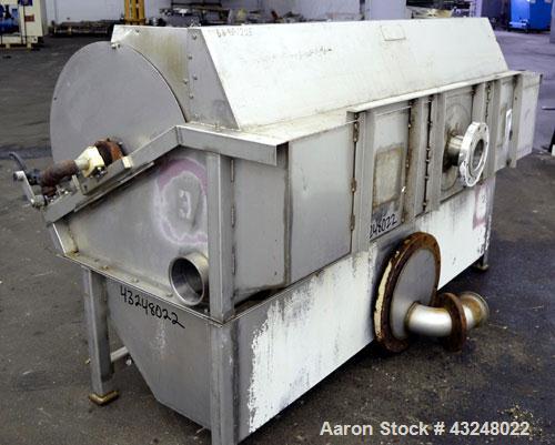 Used Hydrocyclonics Roto Strainer, Model 2572, 304 Stainless Steel. Approximate 25" diameter x 72" wide wedge wire screen. Driven by a .44-.5hp gear motor. Includes a bottom holding tank, and a manua...