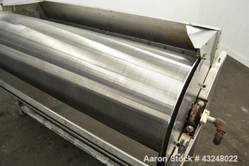 Used Hydrocyclonics Roto Strainer, Model 2572, 304 Stainless Steel. Approximate 25" diameter x 72" wide wedge wire screen. Driven by a .44-.5hp gear motor. Includes a bottom holding tank, and a manua...