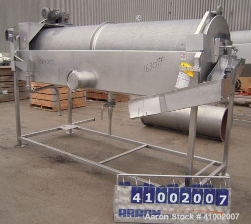 Used A.K. Robins & Company Rotary Underwater Reel Cooler, Model URC72, 304 stainless seel. Horizontal perforated drum 30" diameter x 120" long, driven by an approximately 3/4 hp gearmotor, ratio 50 t...