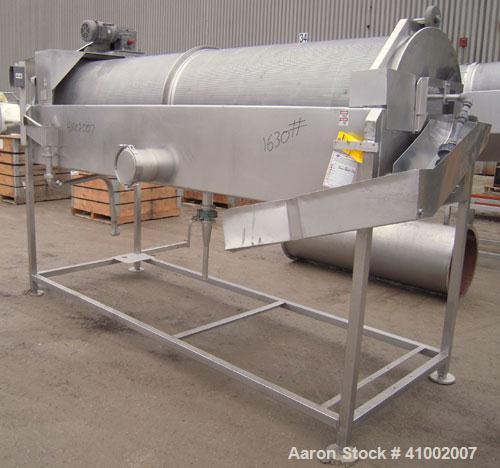 Used A.K. Robins & Company Rotary Underwater Reel Cooler, Model URC72, 304 stainless seel. Horizontal perforated drum 30" diameter x 120" long, driven by an approximately 3/4 hp gearmotor, ratio 50 t...