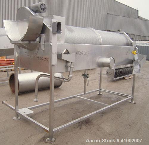 Used A.K. Robins & Company Rotary Underwater Reel Cooler, Model URC72, 304 stainless seel. Horizontal perforated drum 30" diameter x 120" long, driven by an approximately 3/4 hp gearmotor, ratio 50 t...