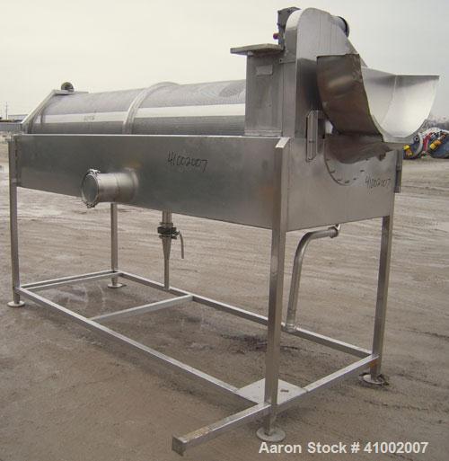 Used A.K. Robins & Company Rotary Underwater Reel Cooler, Model URC72, 304 stainless seel. Horizontal perforated drum 30" diameter x 120" long, driven by an approximately 3/4 hp gearmotor, ratio 50 t...